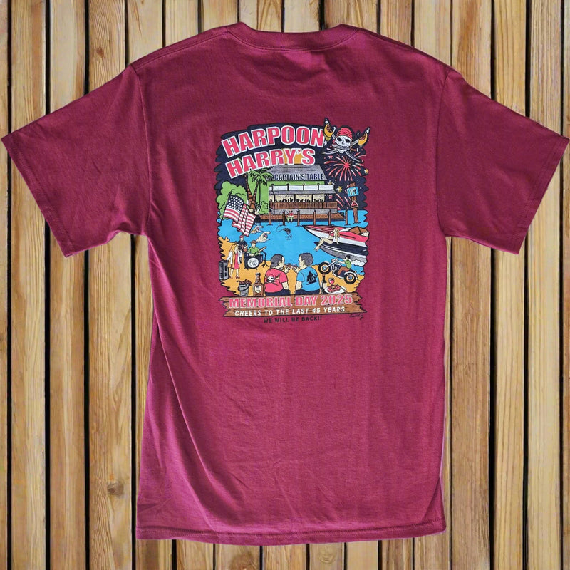 Harpoon Harrys End of Era Memorial Day 2025 T-Shirt- Pirate Maroon