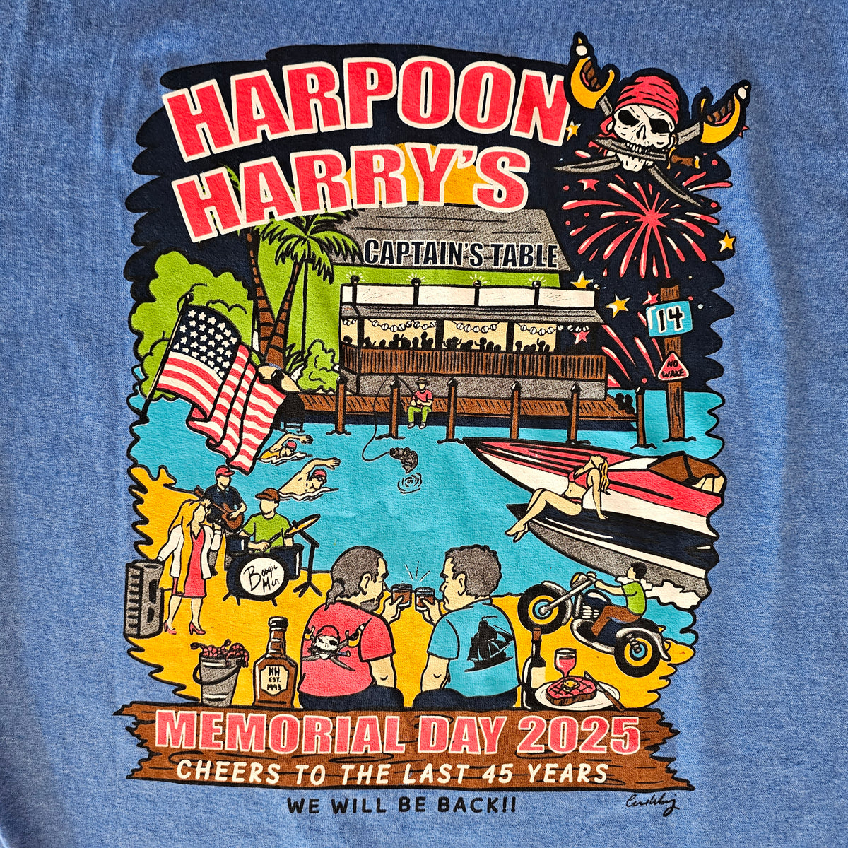 harry pothead shirt Harpoon Harrys End of Era Memorial Day 2025 T-Shirt- Bayside Indigo – Smugglers Enterprises