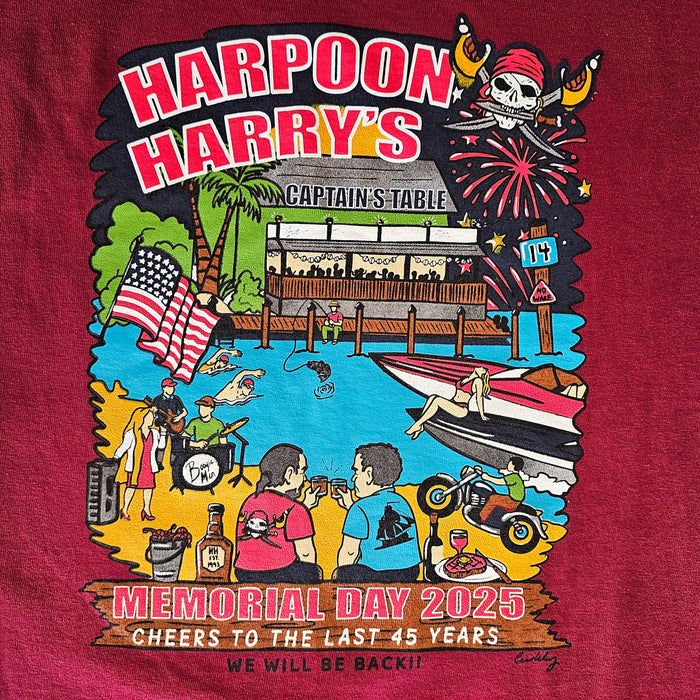 Harpoon Harrys End of Era Memorial Day 2025 T-Shirt- Pirate Maroon